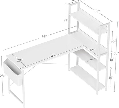 Treesland 55 Inch Computer Desk with Bookshelf, Corner Desk with Storage, L Shaped Desk, Home Office Desks, Writing Study Desk for Bedroom, White