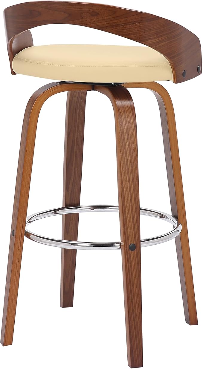Armen Living Sonia 30" Bar Height Swivel Cream Faux Leather and Walnut Wood Bar Stool - Set of 2