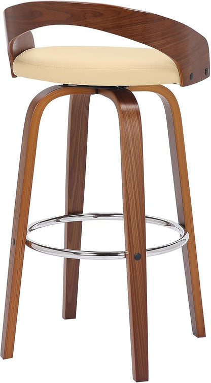 Armen Living Sonia 30" Bar Height Swivel Cream Faux Leather and Walnut Wood Bar Stool - Set of 4