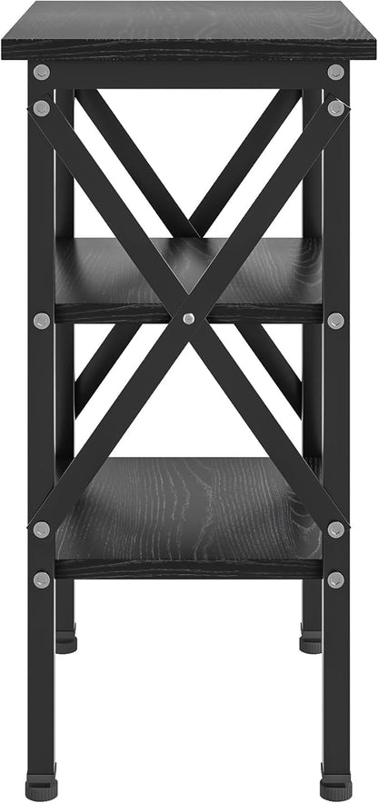 VECELO End Table, Bedside Table, 24" Tall Living Room End Tables, X-Design Reinforced Nightstands, Side Table with 3-Tier Storage Shelves for Small Spaces, Office, Bathroom, Bedroom, Classic Black