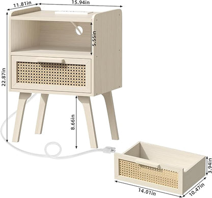 Lerliuo Rattan Nightstand with Charging Station, Side Table with Drawer Open Shelf, Cane Accent Bedside End Table with Solid Wood Legs, Night Stand for Bedroom, Dorm and Small Spaces (Grey White)