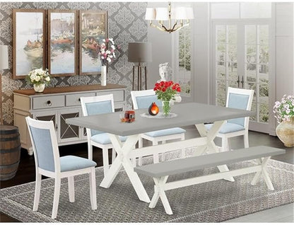 East West Furniture X097MZ015-6 6 Piece Dining Room Table Set Contains a Rectangle Kitchen Table with X-Legs and 4 Baby Blue Linen Fabric Parson Chairs with a Bench, 40x72 Inch, Multi-Color