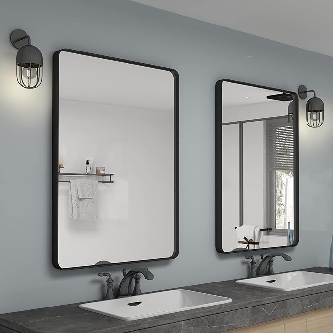 22x30 Inch Black Metal Framed Bathrrom Mirror for Wall, Matte Black Rectangle Mirror, Rounded Corner, Anti-Rust (Horizontal/Vertical)