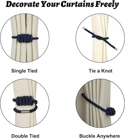 BEL AVENIR Magnetic Curtain Tiebacks, Decorative Drapery Holdbacks Modern Woven Tie-Backs with Exquisite Knot (Navy, 4 Pack)