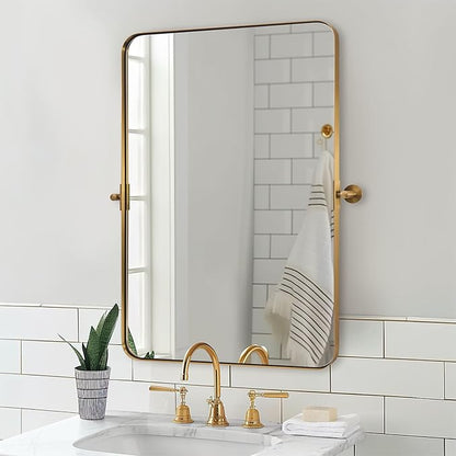 MOON MIRROR 20" x 28" Brushed Gold Metal Framed Pivot Rectangle Bathroom Mirror for Wall, Tilting Rounded Rectangular Vanity Mirror Hangs Vertical only