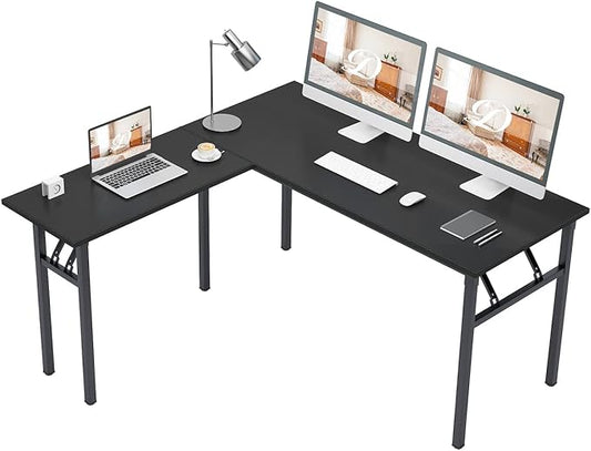 DlandHome Reversible L-Shaped Desk Large Corner Desk Folding Table Computer Desk Home Office Table Computer Workstation, Brown Black, ND11