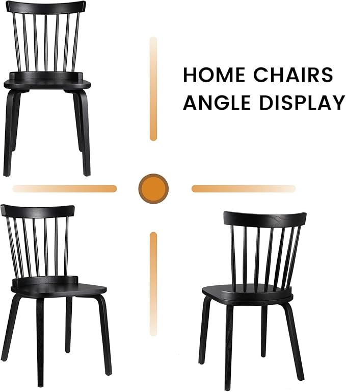 Unovivy Wood Dining Chairs Set of 2, Windsor Farmhouse Spindle Back, Widen Seat, Modern Mid-Century Country Style, for Living Room Restaurant, Black