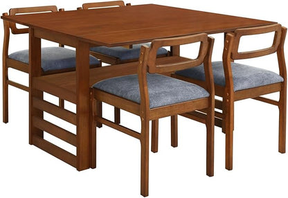 Drop Leaf Dining Table with Chairs Set of 4, 5-Piece Farmhouse Rectangular Dining Room Table with 4 Upholstered Solid Wood Chairs, Extendable Kitchen Tables for Small Place, Brown Rubber Wood