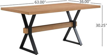 Christopher Knight Home Keyats 63 Inch Dining Table for 6 People, Modern Farmhouse Kitchen Table with X-Shaped Metal Legs, Rectangular Dinner Furniture for Dining Room, Home Office, Natural