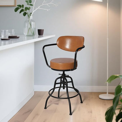 Diwhy Industrial Design Adjustable Height 21.65" - 26" Brown Leather Upholstered Backrest Seat Arm Chair Vintage Counter Stool