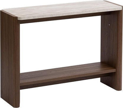 COSIEST 43.3" Farmhouse Console Table for Entryway, 2-Tier Sofa Table with Faux Stone Grain Top, Slim Accent Table for Hallway, Behind Couch, or Living Room, Brown Wood Look