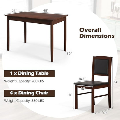 Giantex 5-Piece Dining Table Set for 4 - Breakfast Nook Table Set with Kitchen Table, 4 Upholstered Chairs, Wood Legs, Space-Saving Dinette Set, Kitchen Table Chairs Set of 4 (Cherry Brown)