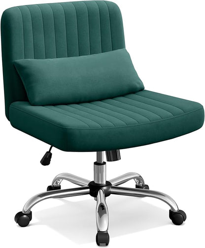 Warmiehomy Criss Cross Office Chair with Wheels, Velvet Cross-Legged Desk Chairs for Home, Armless Height Adjustable Swivel Wide Seat Computer Chair, Morden Vanity Chair for Women, Dark Green
