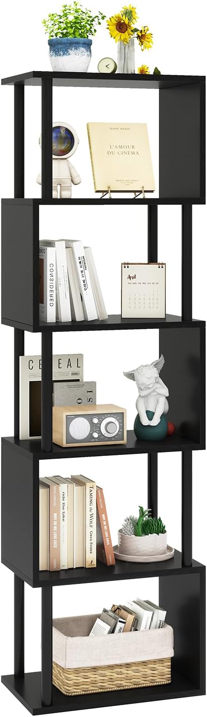 IBUYKE 6-Tier Tall Bookshelf,S-Shaped Geometric Bookcase, Wood Display Shelves with Storage,Modern Bookshelf for Living Room Bedroom, Home Office, Black WBC016B
