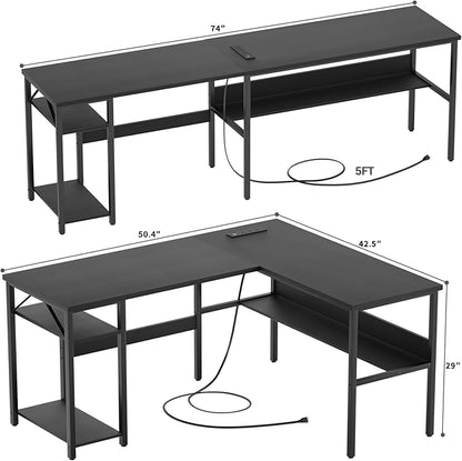 Reversible L Shaped Computer Desk with Power Outlets and USB Charging Ports, Sturdy Corner Desk with Storage Shelf, Modern Work Gaming Table for Home Office, Easy to Assemble, Black