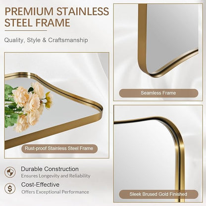 ANDY STAR 30x48 Inch Brushed Gold Mirror, Large Asymmetrical Wall Mirror, Antique Gold Mirror in Anti-Rust Stainless Steel Frame, Unique Designed Frame Ideal for Home Remodel