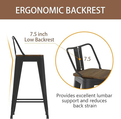 26 Inch Swivel Bar Stools Set of 4, Counter Height Bar Stools with Low Back, Metal Industrial Bar Chairs for Kitchen Island (Matte Black)