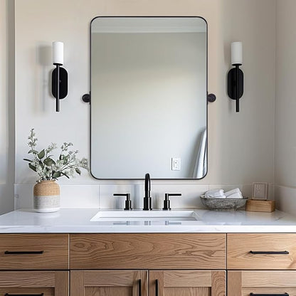 MOON MIRROR 20" x 28" Black Metal Framed Pivot Rectangle Bathroom Mirror, Tilting Rounded Rectangular Vanity Mirror for Wall Mounted Hangs Vertical only