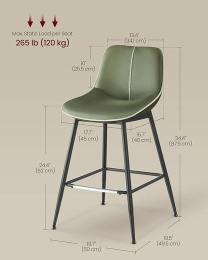 VASAGLE Bar Stools Set of 2, Counter Height Bar Stools with Back, Ergonomic Backrest, Synthetic Leather, Metal Legs, 24.4-Inch Tall Barstools for Kitchen Island Home Bar, Easy Assembly, Forest Green