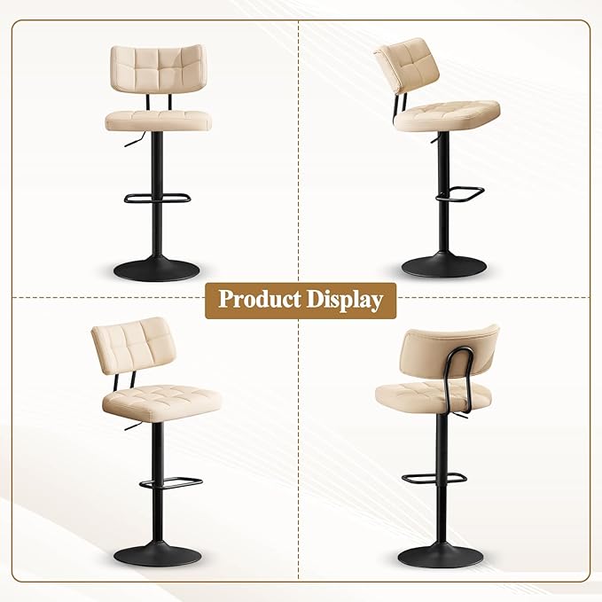 Furniliving Modern Bar Stools Set of 2 Faux Leather, Upholstered Swivel Barstools with Back, Adjustable Bar Chairs Counter Height for Kitchen Island, Dining Space, Beige