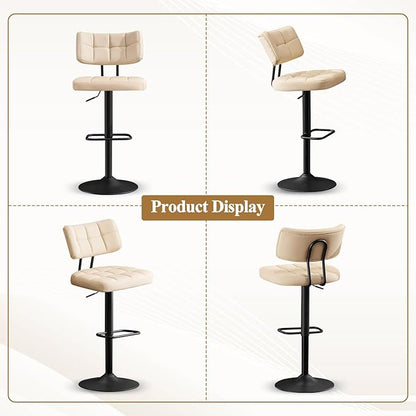 Furniliving Upholstered Bar Stools Set of 4, Faux Leather Swivel Bar Stools with Back, Adjustable Counter Height Barstools for Kitchen Island, Dining Space, Beige