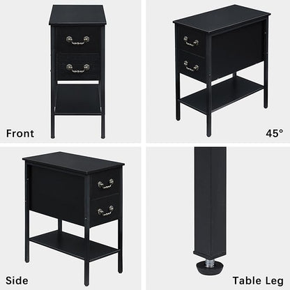 VECELO End Tables,Narrow Nightstand with Drawers and Storage Shelf,Modern Night Stand for Small Spaces, Living Room,Bedroom