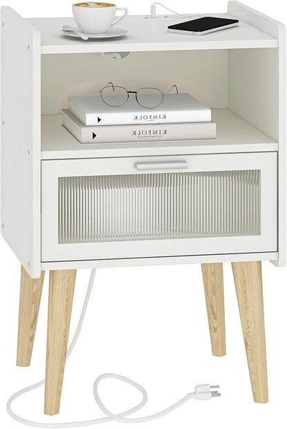 Nightstand with Charging Station, Bedside Tables with Glass Decorative Door, End Table Side Table with 2 Tiers Storage Space, for Bedroom, Living Room, White CAMLBZ07WE