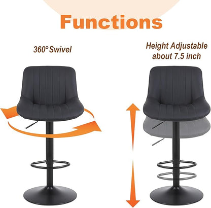 Bar Stools Set of 2, Swivel Counter Height Barstools with Back, Adjustable PU Leather Bar Chairs, Modern Armless Kitchen Island Stool, Black