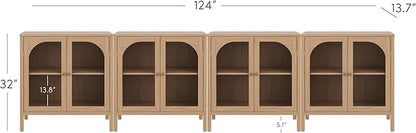 Nathan James Mason Modern Farmhouse TV Stand, Free Standing Accent Sideboard Buffet, Cabinet with Glass Doors and Adjustable Shelf, Clear Glass/Raw Oak Set of 4