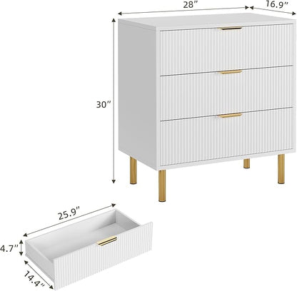 White Dresser, Modern 3 Drawer Dresser for Bedroom with Gold Handle and Large Drawer, Wood Double Chest of Drawers and Storage Organizer for Living Room, Hallway, Entryway