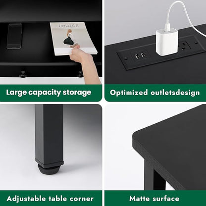 27 Inch Wide Night Stand, Large Wood Night Stand Set 2 with 2 Drawers, LED Nightstand with Charging Station and Adjustable Drawer, Bedside Table for Living Room/Bedroom/Study/Office, Black.