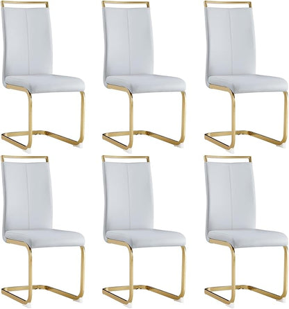 Modern Dining Chairs Set of 6,High Back Light Grey Kitchen Chairs,Faux Leather Side Chair with Gold Plated Metal Legs,Easy to Clean Upholstered Dining Chairs,Ideal for Living Room