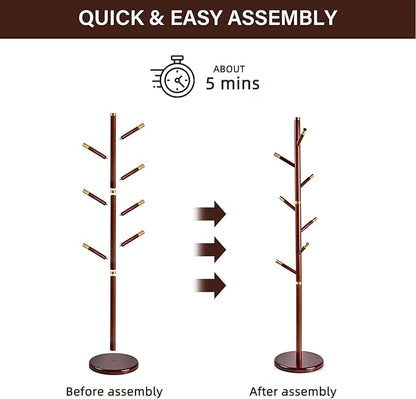 CozyDH Coat Rack Freestanding Solid Wood Coat Rack Stand, Coat Tree Freestanding with 7 Hooks Creative Tree Branch-look for Entryway, Hallway, Bedroom (Walnut)