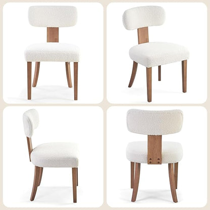 Farmhouse Chair Set of 2, Mid Century Modern Dining Chairs, Sherpa Upholstered Kitchen Chairs with Curved Backrest & Adjustable Legs for Living Room/Bedroom, Easy to Install, White Sherpa