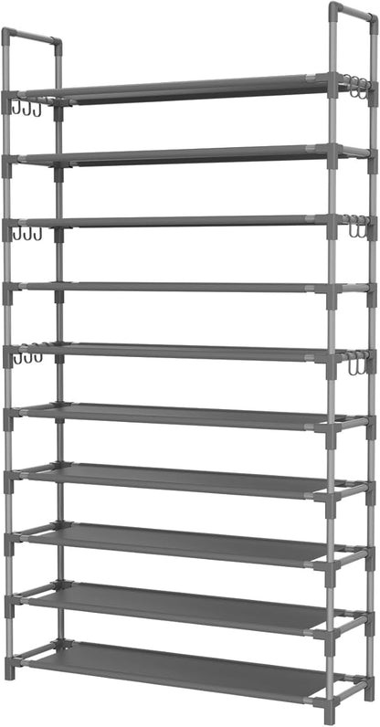 Tall Shoe Rack 10 Tier Shoe Organizer Large Shoe Shelf with 18 Hooks Storage for 50 Pair Sneaker and Boot, Stackable Vertical Shoe Rack Organizer for Closet, Entryway, Bedroom, Grey