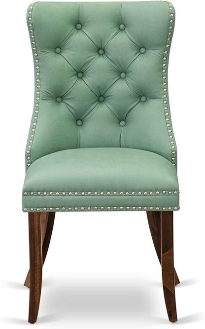 LEDA9-AWA-22 9-Piece Modern Dining Table Set Includes a Kitchen Table and 8 Willow Green Polyester Fabric Dinner Chairs with Button Tufted Back - Antique Walnut Finish