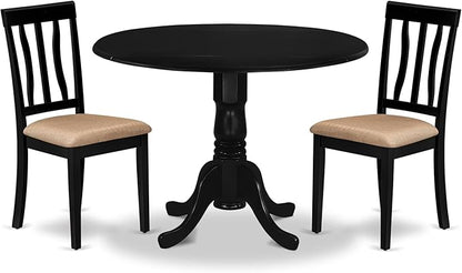 East West Furniture DLAN3-BLK-C 3 Piece Dining Table Set for Small Spaces Contains a Round Dining Room Table with Dropleaf and 2 Linen Fabric Upholstered Chairs, 42x42 Inch, Black
