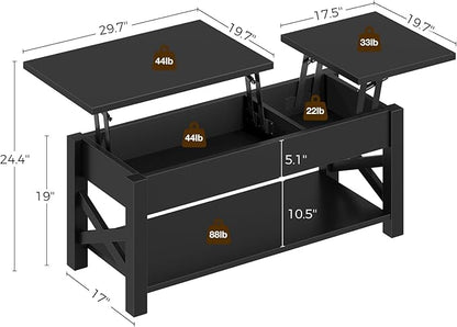 Rolanstar Coffee Table 47.2", 2 Way Lift Top Farmhouse Center Table with Hidden Compartment, Open Shelf & X Wooden Support for Living Room, Black