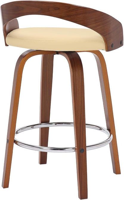 Armen Living Sonia 26" Counter Height Swivel Cream Faux Leather and Walnut Wood Bar Stool - Set of 2