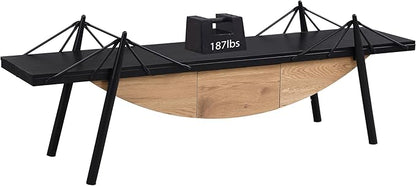 1 Tier Modern Boat-Shaped Bookshelf with Drawer, Black & Natural, 70.9" Long Horizontal Low Shelf for Storage Display Decoration, Sturdy MDF & Metal Industrial Frame, for Bedroom, Office