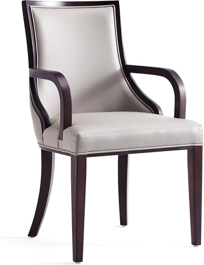 Manhattan Comfort Grand Faux Leather Dining Chairs with Arms, Padded Wingback Seat, Fine Rectangular Stitching and Solid Wood Frame, Set of 2, Light Grey