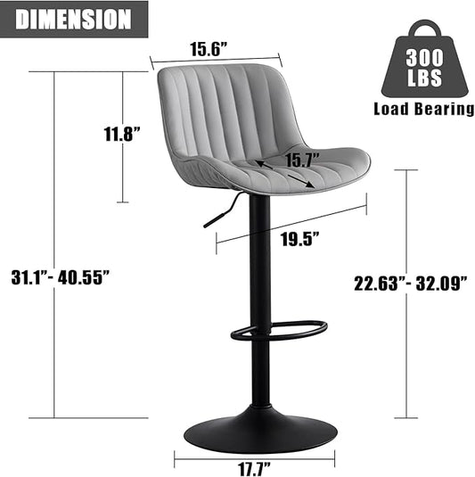 YOUNIKE Grey Bar Stools Set of 2 Kitchen Counter Height Barstools with Backs Modern Swivel Faux Leather Padded Bar Chairs Tall Adjustable Stools for Breakfast Island