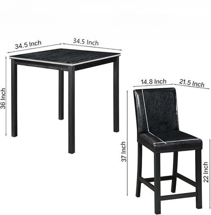 5PCS Wooden Counter Height Table Set, Square Table and 4 Upholstered Chairs, Dining Table with Crystal Decoration, for Kitchen, Dining Room,Black
