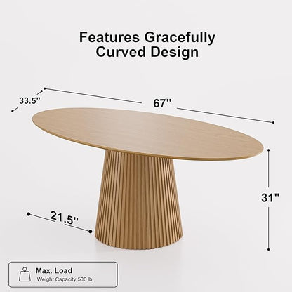 Casaphoria 67" Oval Dining Table, Modern Wood Kitchen Table with Cone Shaped Stripe Base for Living Room & Dining Room, Easy Assembly Farmhouse Furniture for 4-6, Oak