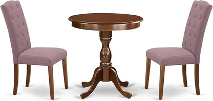 East West Furniture ESCE3-MAH-10 3 Piece Kitchen Table Set Contains a Round Dining Room Table with Pedestal and 2 Dahlia Linen Fabric Parsons Dining Chairs, 30x30 Inch, Mahogany
