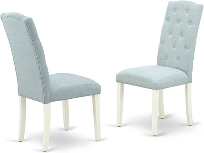East West Furniture V027CE215-7 7 Piece Dining Room Table Set Consist of a Rectangle Kitchen Table with V-Legs and 6 Baby Blue Linen Fabric Parsons Dining Chairs, 40x72 Inch, Multi-Color