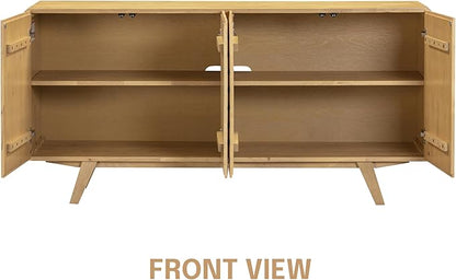 NTC Sapa Mid-Century Modern Solid Wood Sideboard – 4-Door Accent Buffet Cabinet with Carved Geometric Fronts, for Living Room, Dining Room, or Entryway, Effortless Assembly, Sand