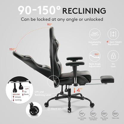 Gaming Chair,Computer Office Chair with Footrest,Massage Lumbar Support and Gel Pad,Ergonomic Reclining Leather Gamer Chair with Headrest,Adjustable Armrests and Spring Cushion Black Red