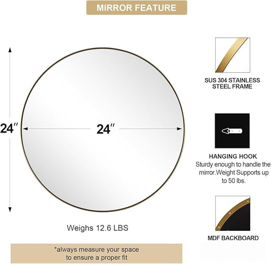 ANDY STAR Gold Round Mirror, 24’’ Brushed Gold Circle Bathroom Mirrors in Stainless Steel Metal Frame 1" Deep Set Design