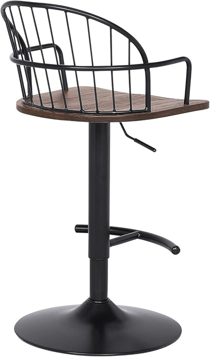 Armen Living Edward Adjustable Walnut Glazed Barstool in Black Powder Coated Finish